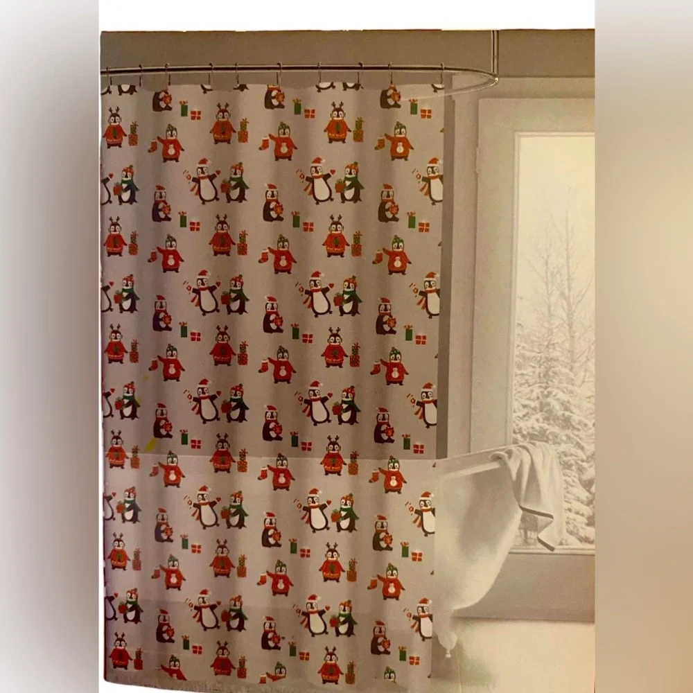 Festive Holiday Penguin Shower Curtain